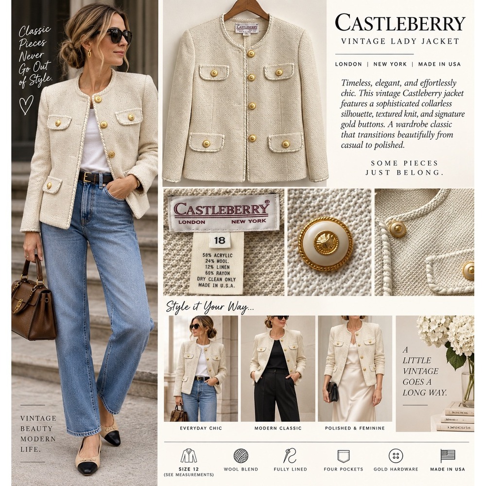 Vintage Castleberry Size 12 Ivory Wool Blend Lady Jacket Gold Button USA